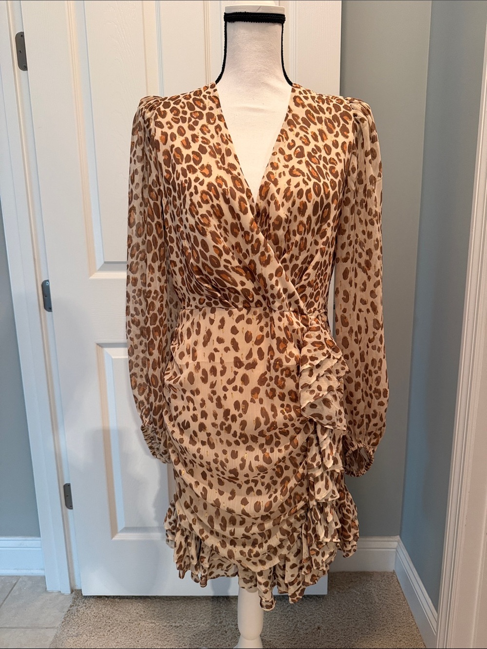 Express Leopard-Print Long-Sleeve Wrap Dress in Brown